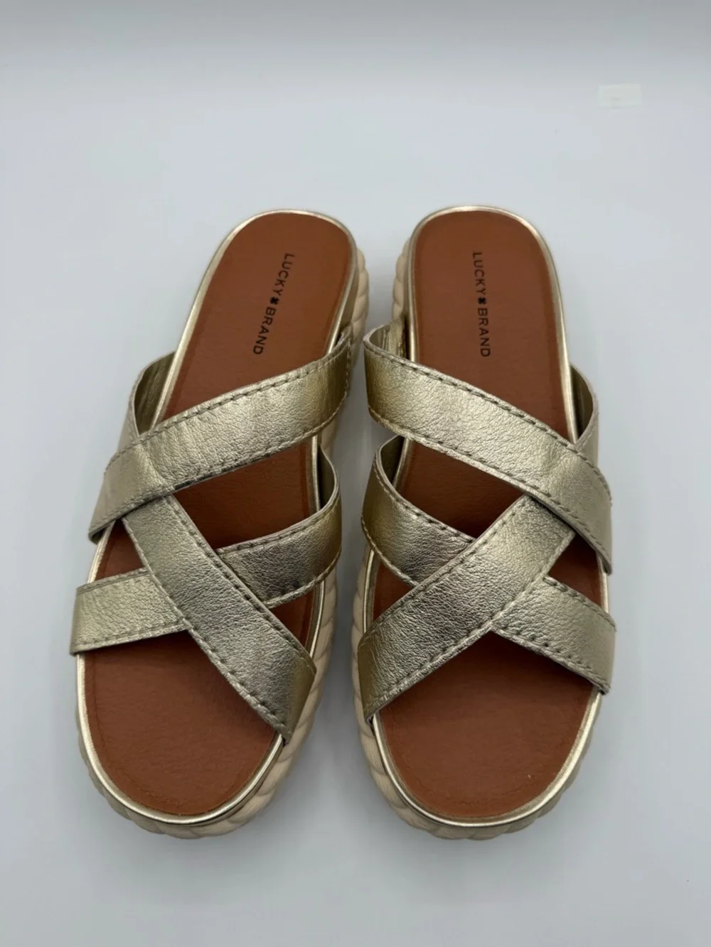 Lucky Brand Lofftee Gold Espadrille Slide Metallic Crisscross Sandals Size 10